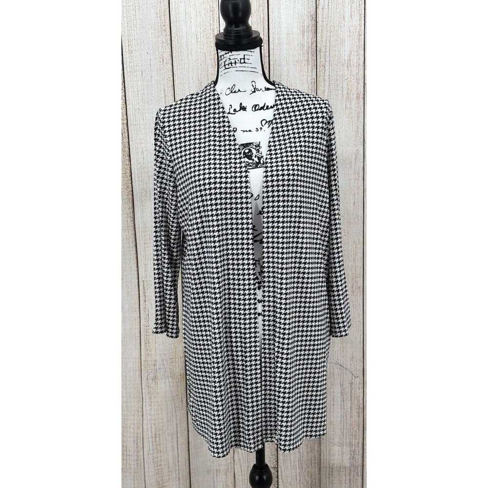 J Jill Wearever Collection Houndstooth Cardigan Sz Medium Black White Open Front